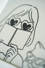 Books, Music & Cats - Letterpress Postcard