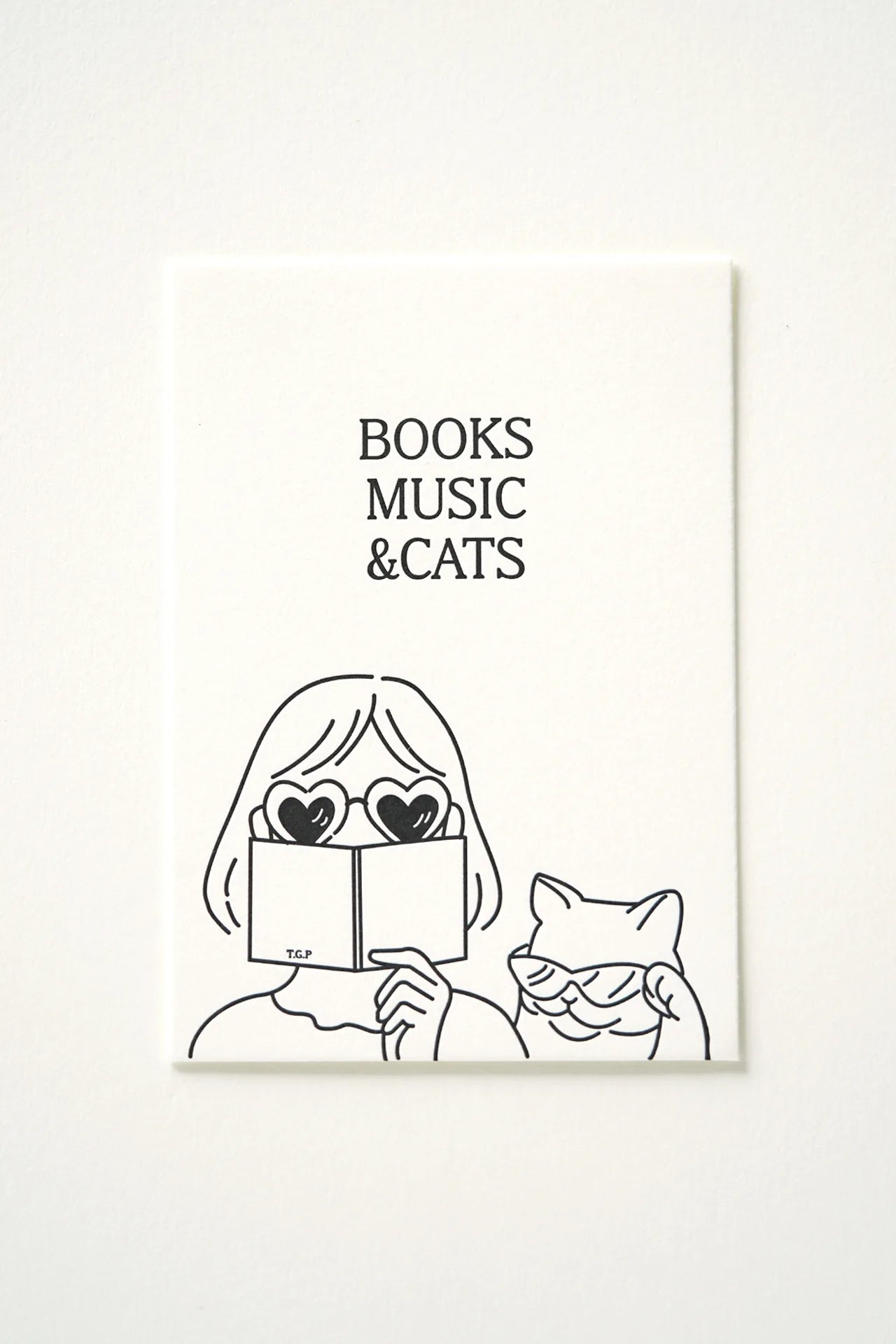 Books, Music & Cats - Letterpress Postcard